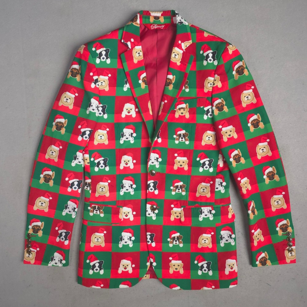 Shinesty Mens Holiday Dog Blazer Red Green Christmas Santa Hat Jacket Size 36‎